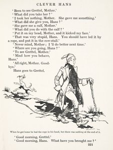 Quando ele chegou em casa, ele tinha a corda na mão, mas não havia nada no final, dos contos de fadas dos Irmãos Grimm, pub. 1909