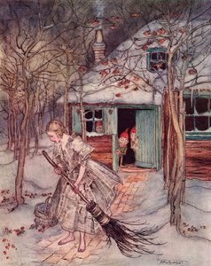 O que encontrou ali senão morangos verdadeiros e maduros. Ilustração de Arthur Rackham de Grimm