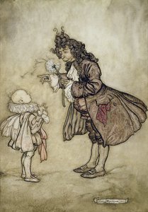 Quando sua majestade quer saber o tempo, de Peter Pan em jardins de Kensington por JM Barrie, bar. por Hodder e Stoughton, 1906 (caneta e tinta com wc no papel) de Arthur Rackham
