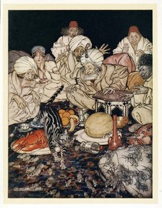 Quando Puss viu os ratos e camundongos, ela não esperou para ser contada, do Conto Inglês de Contos de Fadas. 1922 de Arthur Rackham
