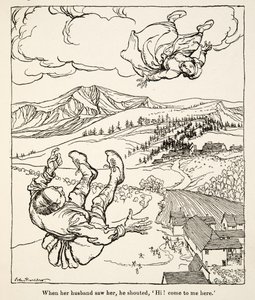 Quando o marido dela a viu, gritou: "Olá! Vem ter comigo aqui", de Little Brother & Little Sister and Other Tales by the Brothers Grimm, pub.1917 (litho) de Arthur Rackham