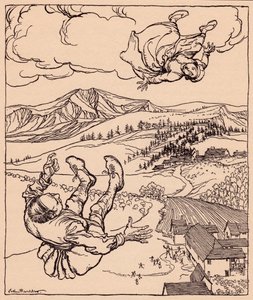 Quando o marido a viu, ele gritou: "Olá! vem ter comigo aqui". Ilustração de Arthur Rackham de Grimm
