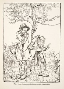 Quando estava afiado o suficiente, ele olhou em volta para estranhos, de Little Brother & Little Sister e Outros Contos dos Irmãos Grimm, pub.1917 (litho) de Arthur Rackham
