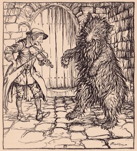Quando o urso ouviu a música, não pôde deixar de começar a dançar. Ilustração de Arthur Rackham de Grimm