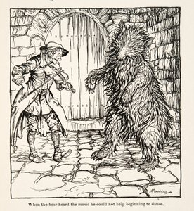 Quando o urso ouviu a música, não pôde deixar de começar a dançar, de Little Brother & Little Sister and Other Tales by the Brothers Grimm, pub.1917 (litho) de Arthur Rackham
