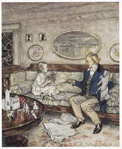 "Porque é que as minhas flores parecem tão desbotadas hoje"? Ilustração a cores mostrando uma jovem rapariga, Ida, sentada num sofá com um jovem, um estudante, que segura um par de tesouras. de Arthur Rackham