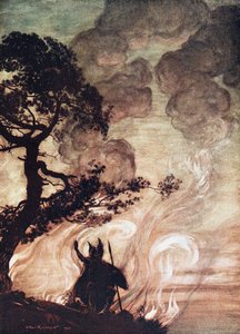 Wotan se vira e olha tristemente para Brünnhilde. Ilustração para Rhinegold e Valkyr