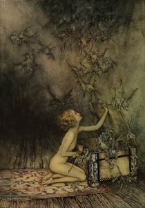 Menina jovem, e, morcego-like de Arthur Rackham