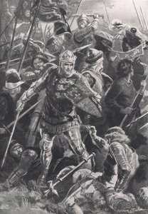Henry V e o Duc D&39;Alencon na Batalha de Agincourt, 25 de outubro de 1415, ilustração de "Batalhas Britânicas na Terra e no Mar", publicada por Cassell, Londres, c.1910 de Arthur Twidle