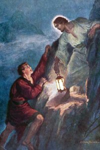 Jovem escalando, seguindo a luz de Jesus Cristo de Arthur Twidle