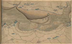 120.000. fornecido. Orientado com norte para o fundo. Relevo mostrado pictoricamente. Mapa pictórico. Hummel compra 1930, não. 34. Mostra a área ao longo do Rio Qiantang, especialmente a seção da Baía de Hangzhou na Província de Zhejiang. Disponível também