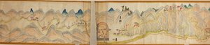 16.000. fornecido. Orientado com norte à direita. Relevo mostrado pictoricamente. Vista aérea. Abrange o rio Wei em Baoji Xian, Shanxi Sheng a Shu Dao na fronteira Shanxi-Sichuan. Mostra assentamentos, paradas para descanso, estações, pousadas, templos, pa