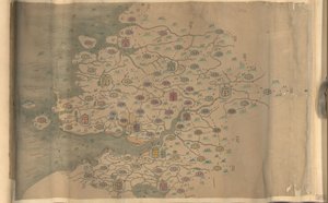850.000. fornecidos. Orientado com o norte para o fundo. Relevo mostrado pictóricamente. Mapa pictórico. Caneta e tinta e aguarela. Mostra montanhas, costa, ilhas e estradas na província de Zhejiang. Hummel compra 1930, não. 35. Disponível também através d