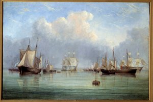 Navios e veleiros atracados. Pintura de Arthur Wellington Fowles (1815-1883) Museu de Belas Artes de Orleans do século XIX