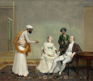 Retrato do juiz Suetônio Grant Heatly e temperança calorosamente com seus empregados indianos, em um interior de Calcutá, c.1786