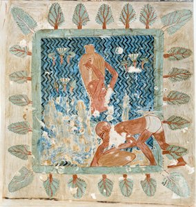 Arte Egípcia: dois criados a tirar água de uma bacia. Colégio de símiles do túmulo de Rekhmire em Tebas de Artist Unknown