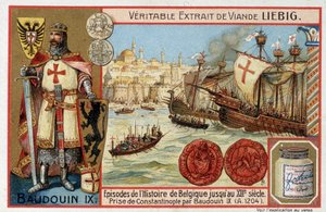 Captura de Constantinopla por Baudouin IX e retrato de Baudouin IX de Flandres (ou Baudouin VI de Hainaut) dit Baudouin 1er de Constantinopla (1171-1206) - Tag Liebig de Artist Unknown