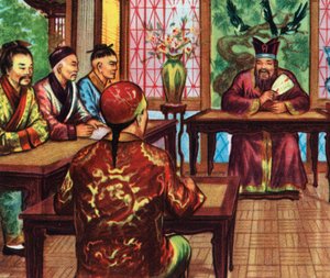 Confúcio, ou Kong Fu Zi, com os seus alunos (gravura) de Artist Unknown