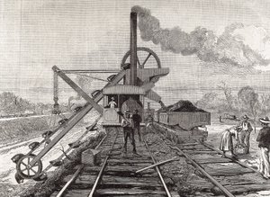 Construção do Canal do Panamá. Trabalhos de dragagem na aldeia de Culebra. Desenho original de Meltor Prior. Imagem publicada no "The Illustrated London News". Gravura. de Artist Unknown