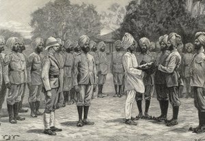 Inglaterra (século XIX). Colonização. Índia. Os novos regimentos de Burmah. Juramento dos novos recrutas. Gravura. Coleção particular de Artist Unknown