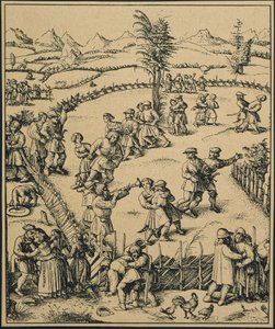 Festa dos agricultores numa quinta alemã ("Der Jahrmarkt"). Música e dança. (gravura) de Artist Unknown