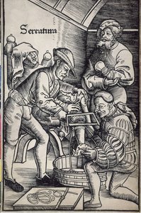 Gersdorff, Hans von (1455 - 1529). Cirurgião alemão. Amputação de uma perna. Xilogravura de Hans Wechtlin para o livro "Feldtbuch der Wundartzney" (Livro de campo de cirurgia) de Artist Unknown