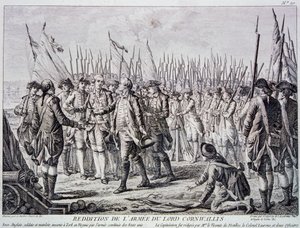 Rendição de Lord Corwallis do exército britânico em Yorktown (gravura) de Artist Unknown