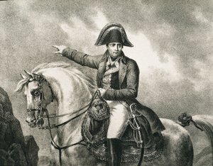 NAPOLEÃO I Bonaparte (1769-1821). Militar e político francês, imperador de França (1804-1815). Pormenor de um retrato equestre de Napoleão, inspirado no retrato original de Joseph Chabord. Gravura de Artist Unknown