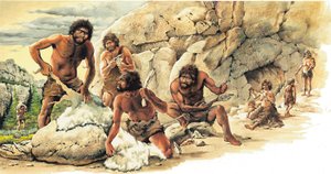 Pré-história Período Paleolítico: Caçadores que utilizam a pele de betes mortos e fabricam ferramentas e armas (lança). de Artist Unknown