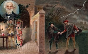Rigoletto emprega Sparafucile para assassinar o Duque - Ato 3 cena 4 da ópera Rigoletto de Giuseppe Verdi de Artist Unknown