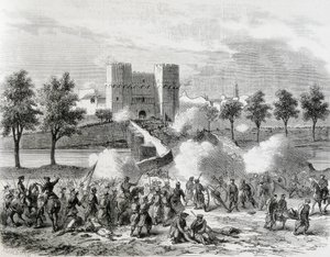 Espanha (1868). Revolução Gloriosa. Ataque das tropas governamentais na Porta de Serrans, em Valência. Gravura de "A Ilustração. Jorinal Universal". Gravura de Artist Unknown