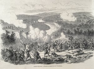 Espanha. Revolução de 1868. Batalha de Alcolea (20 de setembro), que culminou com o destronamento de Isabel II. Gravura de Artist Unknown