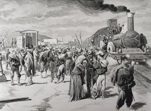 Espanha. Terceira Guerra Carlista. Partida de um batalhão de corpos livres de Barcelona contra os carlistas. Imagem de "La Ilustracion espanola y americana" (8 de abril de 1873). Gravura de Artist Unknown