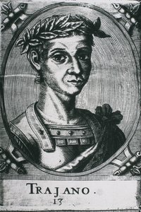 TRAJANO, Marcus Ulpius Traianus (53-117). Retrato de Trajano com louros. Pormenor da gravura original. Gravura. de Artist Unknown