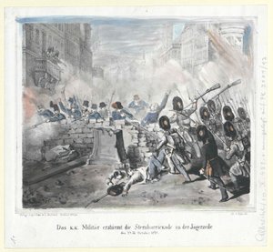 Os militares da K. K. atacam a Sternbarrickade na Jaegerzeile de 28 de outubro de 1848 de Artist Unknown