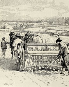 REINO UNIDO. INGLATERRA. Revolução Industrial. Máquina de perfuração inventada por Jethro Tull. Semeadura de cevada em fevereiro. Desenho de Gunning King publicado no "The Illustrated London News". Gravura. de Artist Unknown