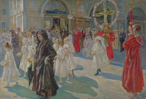 Procissão de Corpus Christi na Piazza Grande em Trieste, 1908 de Arturo Fittke