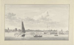 Grande jangada e vários navios no Merwede na casa de Merwe perto de Dordrecht de Ary van Wanum