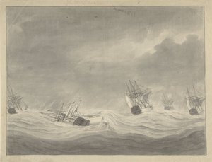 O afundamento do navio The Union under capitão Graaf van Welderen in the North Sea, 19 de Outubro de 1782 de Ary van Wanum