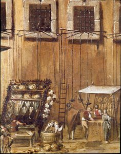 Lugar do tribunal do Vicariato em Nápoles na época da revolução dos criminosos Masaniello são juízes antes da entrada - Detalhe representando vendedores de pão e peixe - Pintura de Ascanio Luciani (ca. 1621-1706) Nápoles, Museo Nazionale di San Ma de Ascanio Luciani