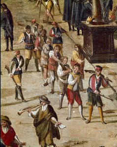 Lugar do tribunal do Vicariato em Nápoles na época da revolução dos criminosos Masaniello são juízes antes da entrada - Detalhe retratando um grupo de condenados acorrentados pelo pescoço - Pintura de Ascanio Luciani (ca. 1621-1706) Nápoles, Museo Nazional de Ascanio Luciani
