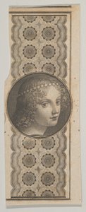 Motivo de notas com cabeça de menina derivada de Leonardo da Vinci contra um padrão..., ca. 1824-37.