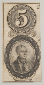 Motivos de notas: o número 5 e um retrato de Thayendanegea, ca. 1824-37.