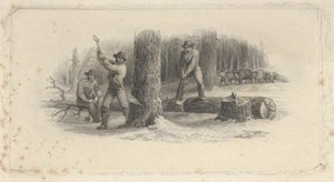 Vinheta de notas mostrando lenhadores derrubando árvores em uma floresta nevada, ca. 1824-37.