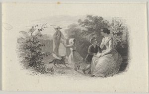 Vinheta de notas com uma família em um jardim, ca. 1824-37.