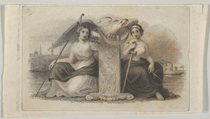Vinheta de notas com figuras femininas representando a Liberdade e a Justiça, ca. 1824-37.
