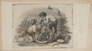 Vinheta de notas com três putti como pastor, agricultor e marinheiro, ca. 1824-37.
