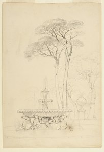 Vista da Fonte do Hipocampo - Fontana de &39;Cavalli Marini por Cristoforo Unterberger, 1791 - nos Jardins Borghese, Roma, Itália, 1841 (grafite sobre papel) de Asher Brown Durand