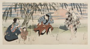 Atores Ichikawa Ebij?r? Eu como Ukisu no Iwamatsu (R), Arashi Kitsusabur? II como o Agricultor (Hyakush?) J?saku (C), Arashi Kitsuz? como J?kichi, e Sawamura Kunitar? II como a Mulher de J?saku (Ny?b?) Okinu (L) (impressão em bloco de madeira colorida) de Ashiyuki Gigado