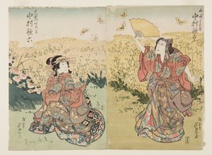 Actores Nakamura Utaemon III como Yamazaki Yogor? (R), Nakamura Karoku I como Fujiya Azuma (L) (impressão em bloco de madeira colorida) de Ashiyuki Gigado